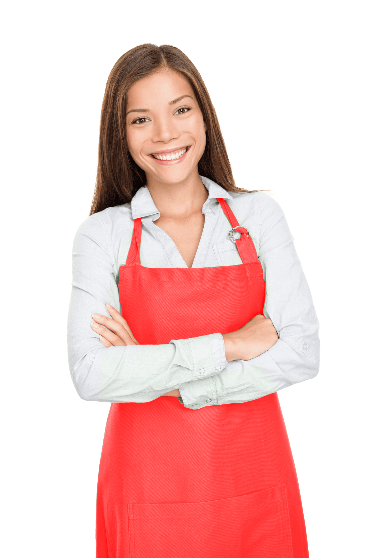 Smiling young woman wearing red apron